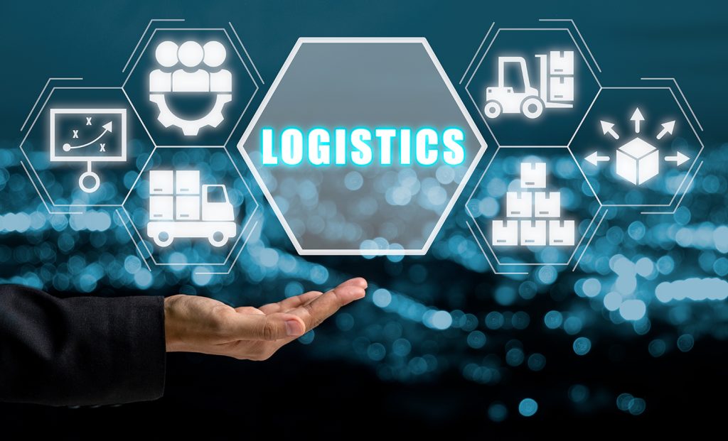 Logistics concept, Businessman hand holding logistics icon on vi